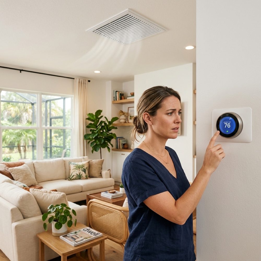 Homeowner checking thermostat when AC is not cooling - Lake Nona