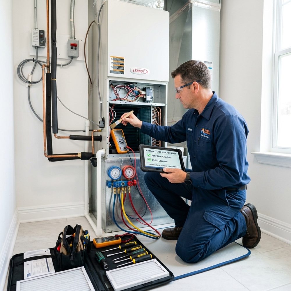 HVAC technician performing annual maintenance tune-up in Lake Nona Florida home