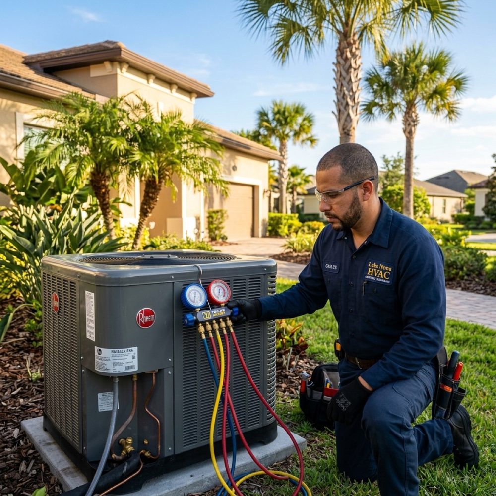 Lake Nona HVAC technician servicing AC condenser unit outside a Florida home